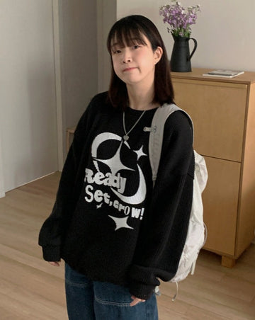 Elbon printing ribbed knit sweatshirt